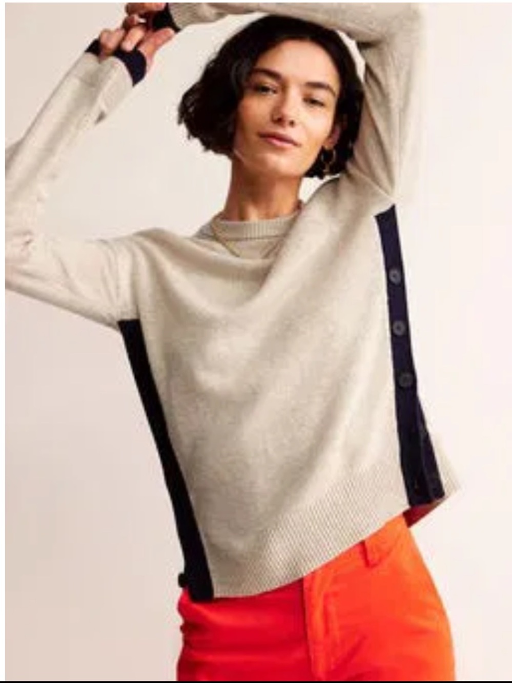 Boden Alma Contrast Trim Sweater Oatmeal and Navy Size XL Wool Cashmere Blend